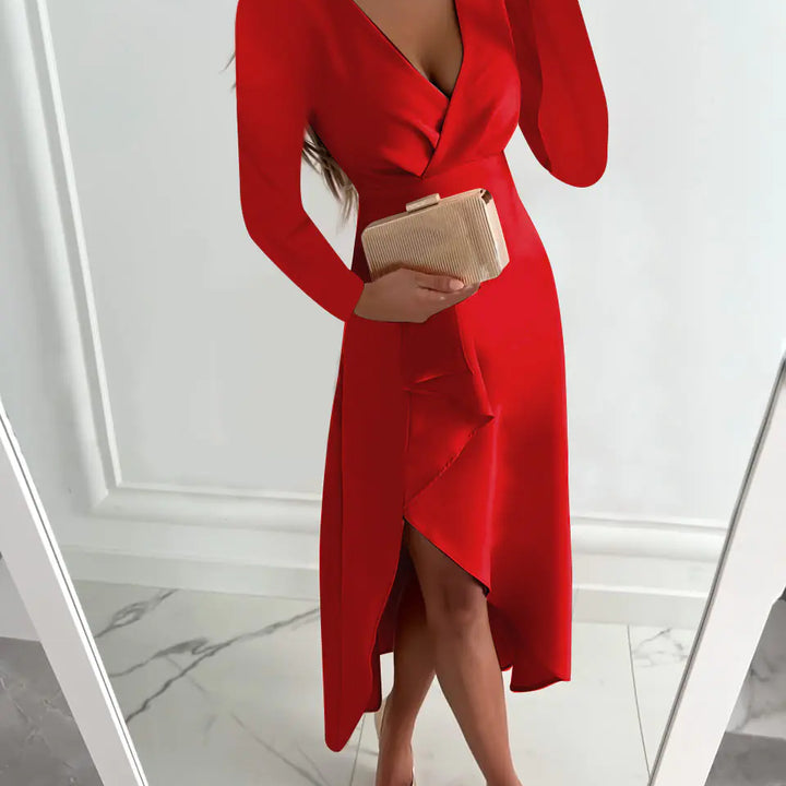 Women's Long-sleeved V-neck Pleated Split Dress