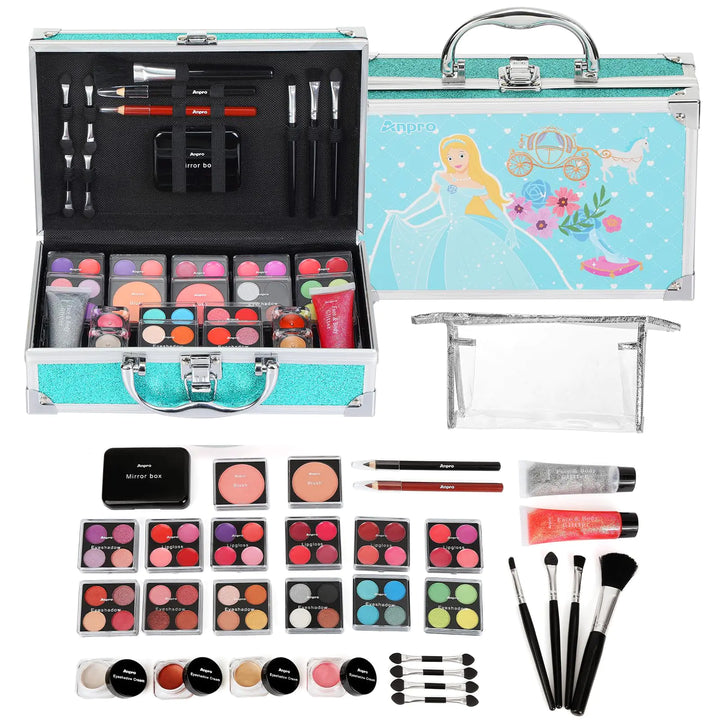 Anpro All-In-One Makeup Carry Case with Pro Teen Makeup Set Full Starter Cosmetics Kit with Makeup Brushes Lipsticks Eye Shadows Palette Blushes Glitter Gel-Blue Leopard