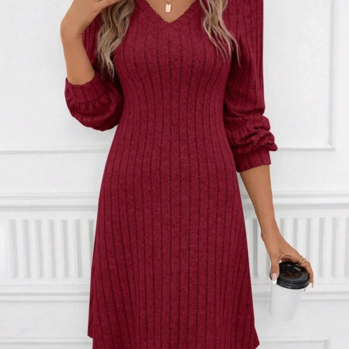 Women's V-neck Long-sleeved Loose Knitted Dress