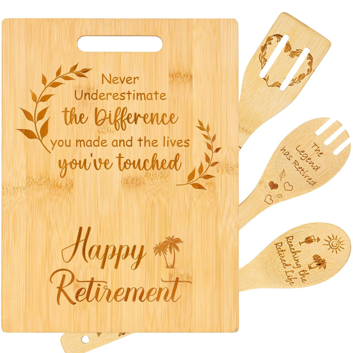 Retirement Gifts for Women Men Happy Retirement Cutting Boards with Utensil Set Gifts Farewell Coworker Leaving Gifts for Female Teachers Nurses Boss Mom Grandma Friends Retirees (Retirement)